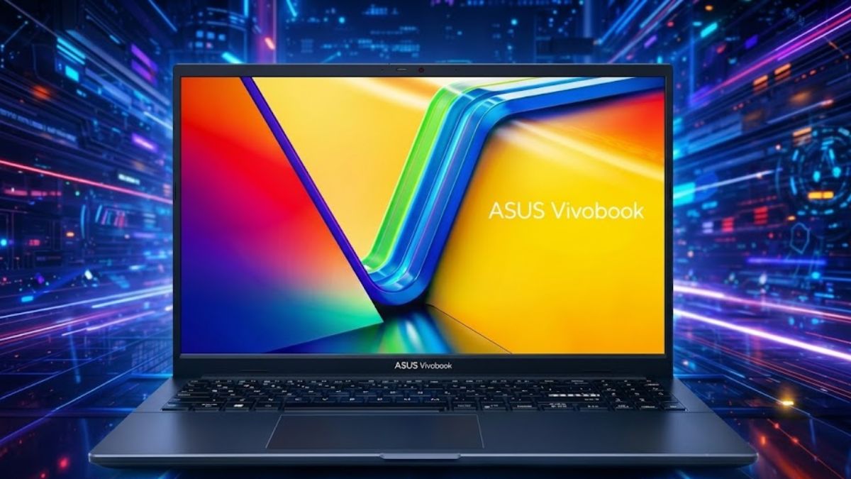 Fotografia realista de um notebook ASUS VivoBook Go 15 aberto de frente com tela colorida em um cenário digital azul.