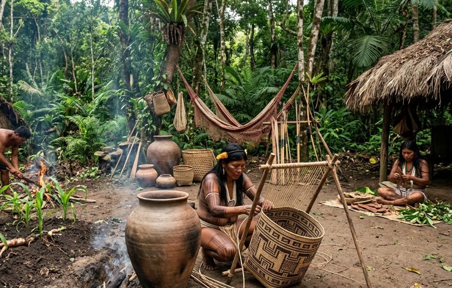 Fotografia ultra realista de uma aldeia em Ipiabas na Serra do Mar. Índios Coroados fabricam camuíns de cerâmica e tecem cestos com padrões geométricos. Um homem maneja o fogo da agricultura de coivara entre pés de milho, enquanto mulheres manipulam fibras e ervas medicinais sob a copa da Mata Atlântica.