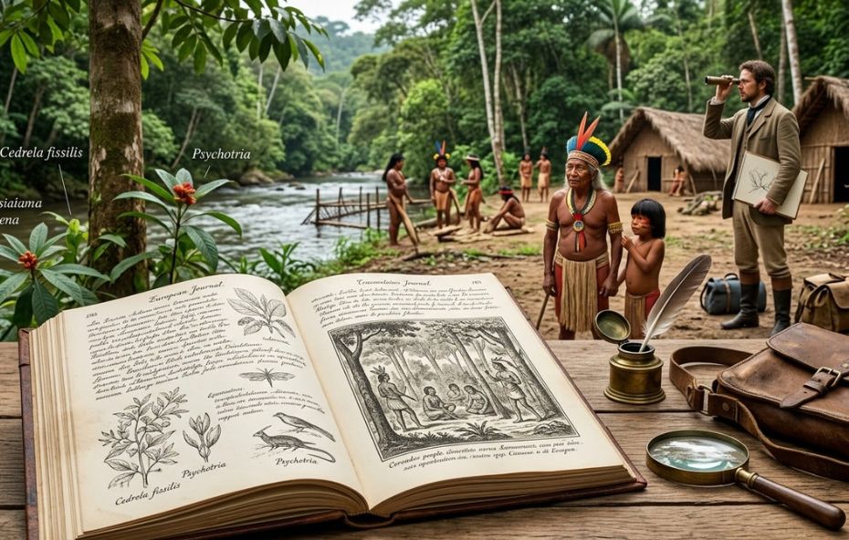 Um registro histórico e etnográfico focado em um jornal botânico aberto e um grupo de pessoas indígenas em uma aldeia amazônica.