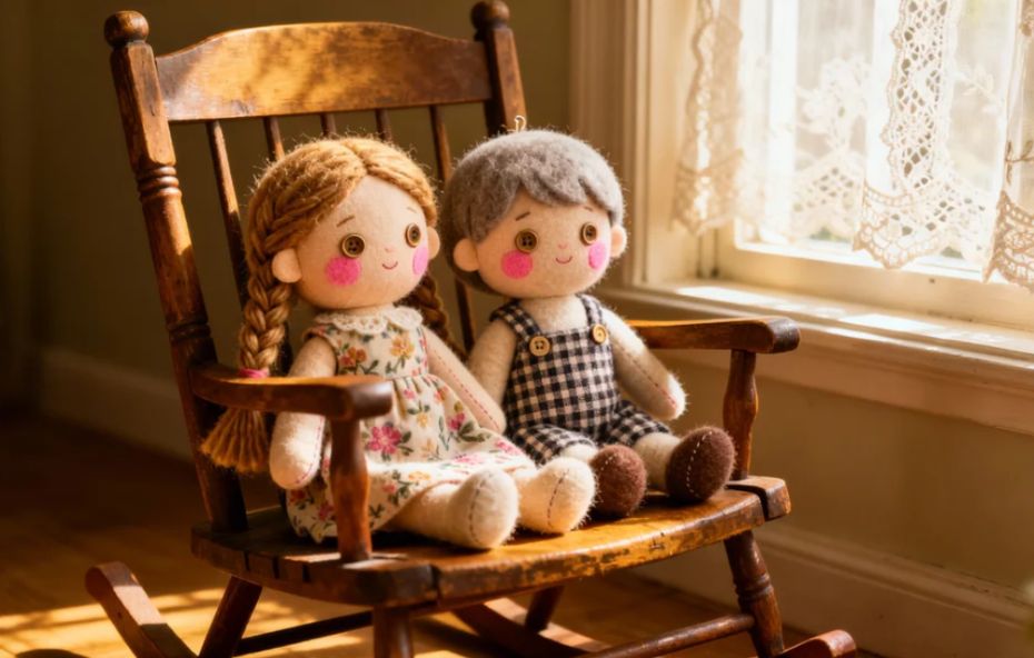 Duas bonecas de pano feitas à mão, um menino e uma menina, sentados em uma cadeira de balanço de madeira antiga perto de uma janela com cortina de renda.