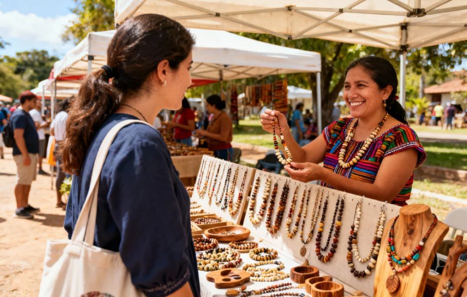 Uma artesã sorridente, vestindo uma blusa colorida com padrões étnicos, atende uma cliente em uma feira ao ar livre sob uma tenda branca. Ela segura um colar de contas enquanto a cliente, de costas e usando uma bolsa de lona, observa as peças expostas. A banca está repleta de colares e pulseiras feitos de materiais naturais, dispostos em suportes claros e bandejas de madeira, com outras barracas e pessoas ao fundo em um dia ensolarado.
