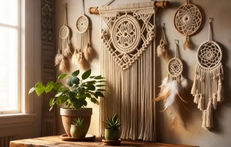 Fotografia em close de um grande painel de macramê em cordão cru pendurado em uma parede bege ao lado de filtros dos sonhos e vasos de plantas sobre uma mesa de madeira.