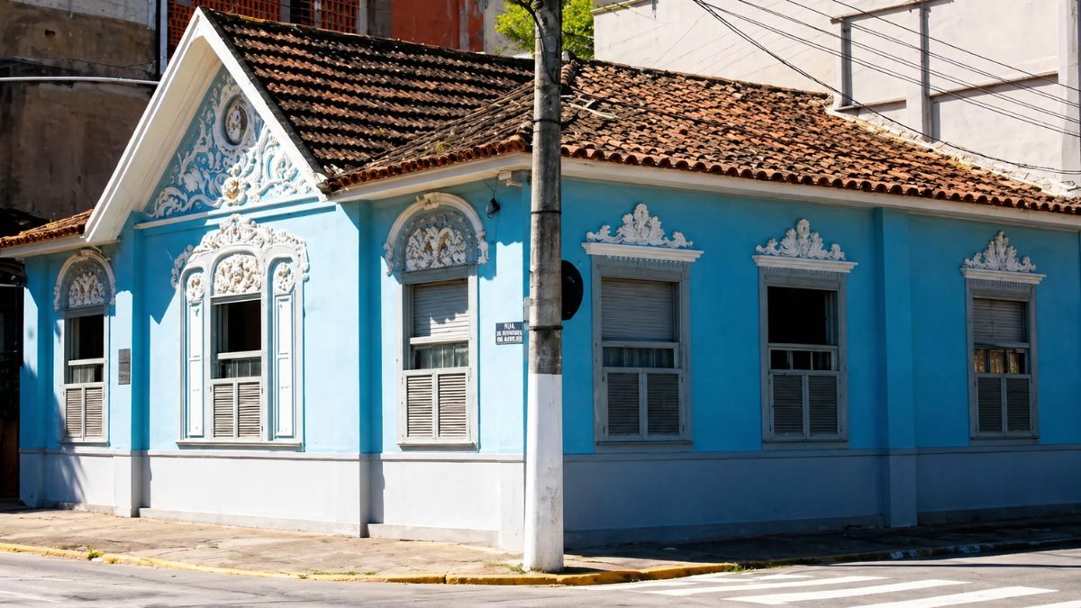 Fotografia em ângulo diagonal de uma esquina histórica mostrando a fachada azul claro de um casarão antigo. A edificação possui telhado de barro marrom e janelas brancas adornadas com frontões esculpidos em estilo neoclássico. No lado esquerdo destaca-se um frontão triangular com o medalhão da Princesa Isabel em relevo branco enquanto a lateral direita exibe três janelas simétricas sob a luz do sol e um poste de iluminação em primeiro plano.