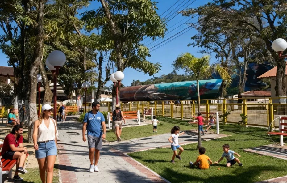 Um mapa turístico detalhado e um guia de viagens repousam sobre uma mesa de madeira rústica em um ambiente iluminado. Ao lado dos documentos de planejamento, há uma bússola vintage e uma xícara de café fumegante, simbolizando a preparação para explorar o distrito. Através de uma janela ao fundo, é possível ver o desfoque suave de uma rua tranquila com casarões históricos sob a luz do sol.