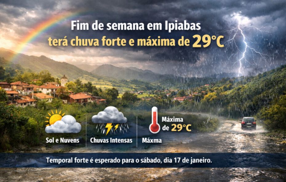 Fim de semana em Ipiabas terá chuva forte e máxima de 29°C
