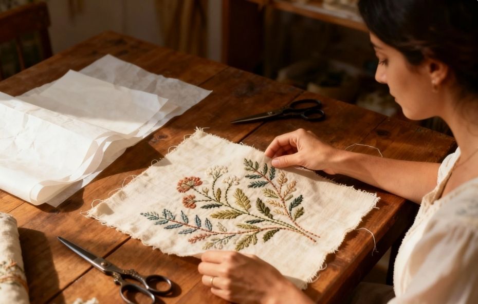 Uma artesã observa de perto um tecido de linho com flores e ramos bordados em tons terrosos e verdes sobre uma mesa de madeira iluminada pelo sol.