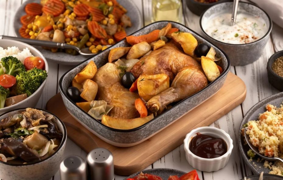 Mesa farta com frango assado dourado acompanhado de batatas e cenouras em uma travessa central rodeada por tigelas de arroz, brócolis, saladas e molhos.