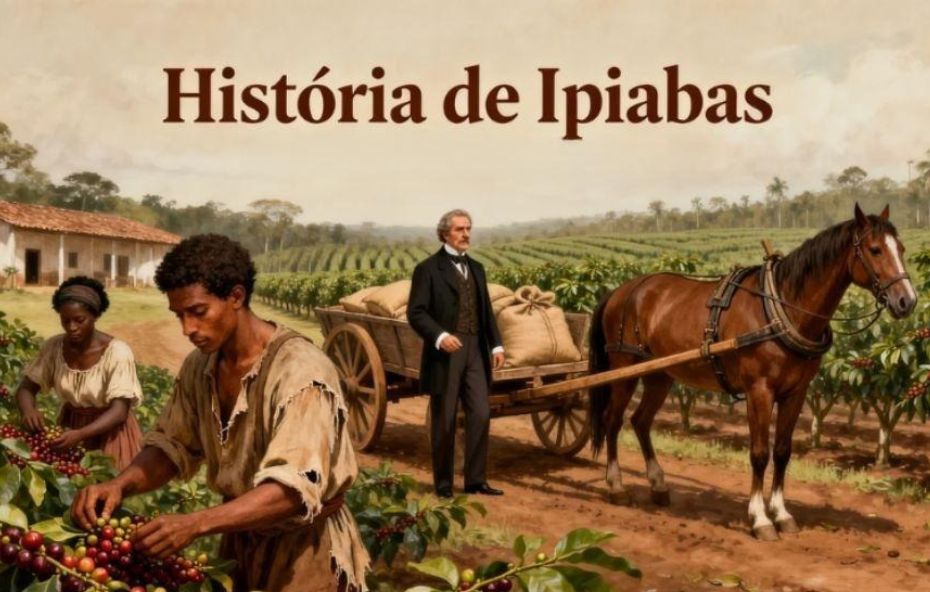 Pintura a óleo histórica mostrando uma fazenda de café em Ipiabas. Dois trabalhadores negros escravizados colhem frutos em primeiro plano. Ao centro, um proprietário de terras branco em traje formal, o Barão de Ipiabas, supervisiona a operação com uma carroça carregada de sacas. O texto "História de Ipiabas" está no topo.