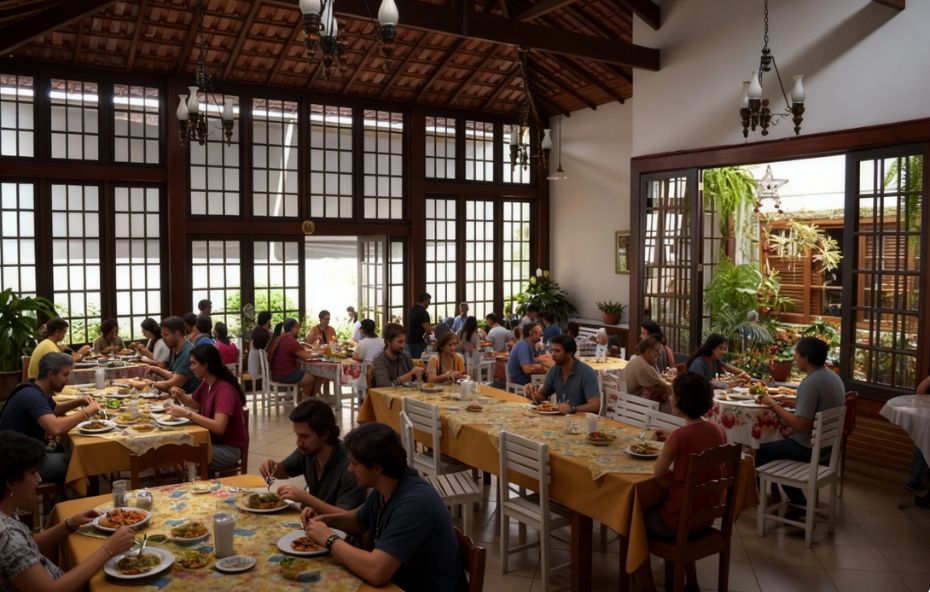 Interior de um restaurante amplo em Ipiabas com mesas cobertas por toalhas amarelas floridas e diversas pessoas almoçando em um ambiente rústico com teto de madeira e grandes janelas de vidro.