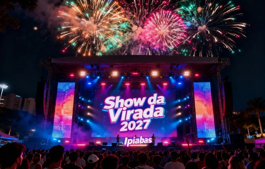 Um grande palco de eventos iluminado por luzes azuis e magenta com um telão central escrito Show da Virada 2027 Ipiabas cercado por uma multidão entusiasmada e fogos de artifício coloridos explodindo no céu noturno.