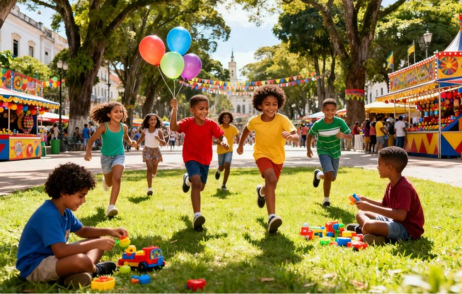Crianças diversas correndo e brincando alegremente em um gramado ensolarado de uma praça pública decorada com bandeirolas coloridas enquanto um menino ao centro segura balões de gás hélio coloridos.
