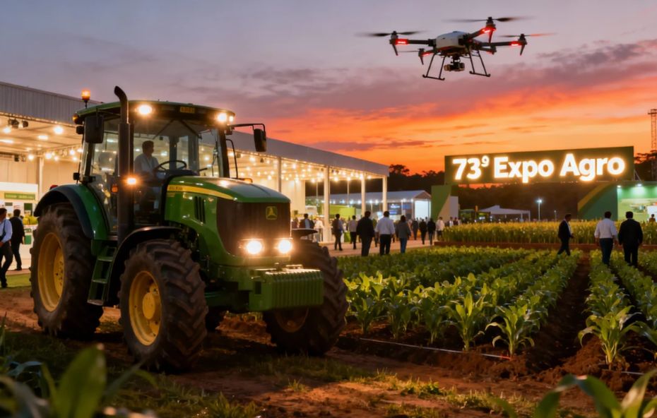 Um trator verde moderno em primeiro plano estacionado ao lado de uma plantação jovem sob o voo de um drone agrícola durante um pôr do sol alaranjado com o letreiro luminoso da septuagésima terceira Expo Agro ao fundo.
