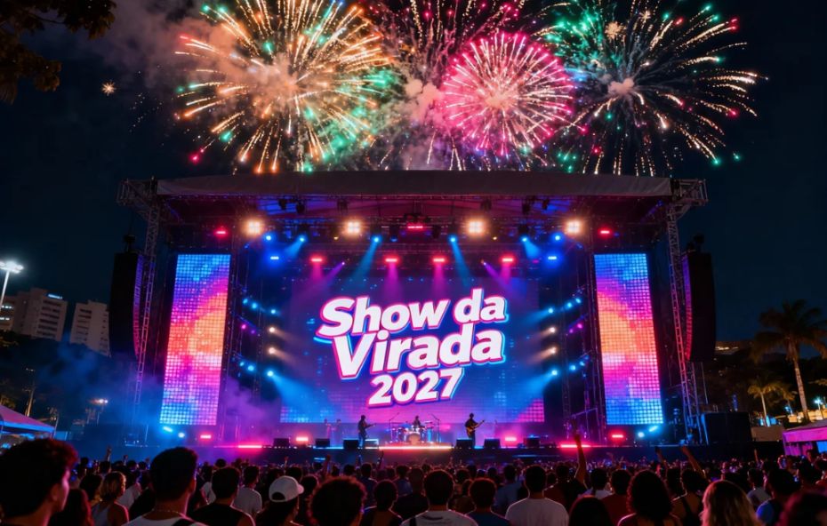 Um grande palco de shows iluminado com painéis de LED exibindo o letreiro Show da Virada 2027 cercado por uma multidão de pessoas e fogos de artifício coloridos explodindo no céu noturno.