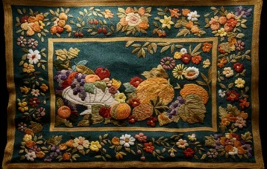 Tapeçaria retangular feita à mão com fundo verde escuro e bordas douradas apresentando bordados em relevo de cestas de frutas e moldura floral.