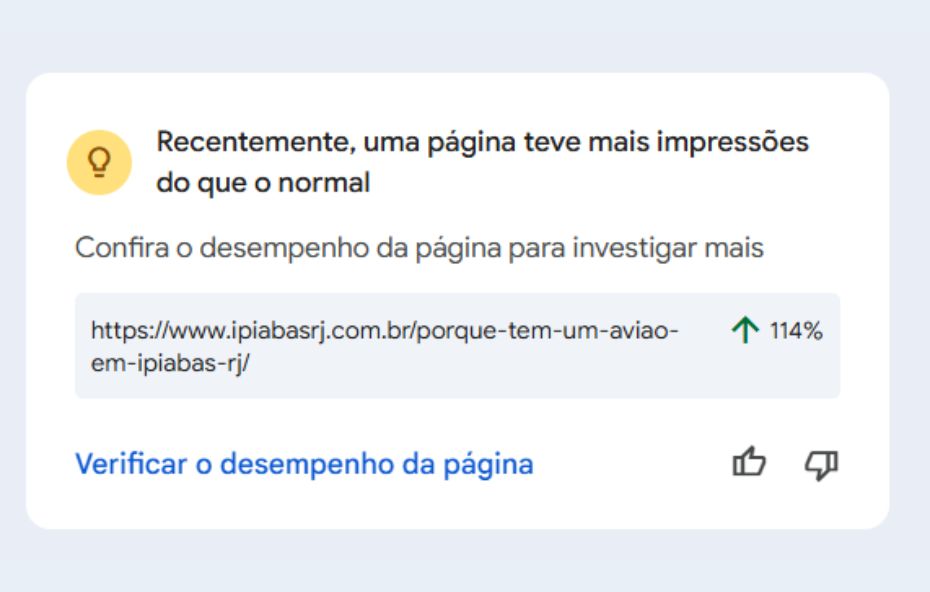 Captura de tela de um relatório de desempenho web mostrando que a página sobre o avião em Ipiabas teve um aumento de 114% em suas impressões recentemente.