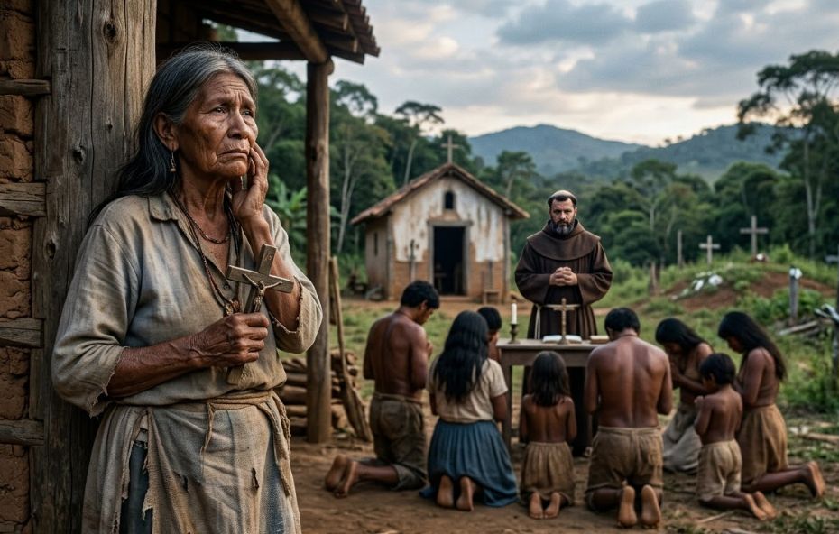 Uma fotografia histórica mostra uma mulher indígena idosa e aflita em primeiro plano, segurando um crucifixo e olhando para o lado. No fundo, um padre franciscano reza em um altar ao ar livre diante de um grupo de indígenas ajoelhados em oração, perto de uma igreja de barro e um pequeno cemitério.