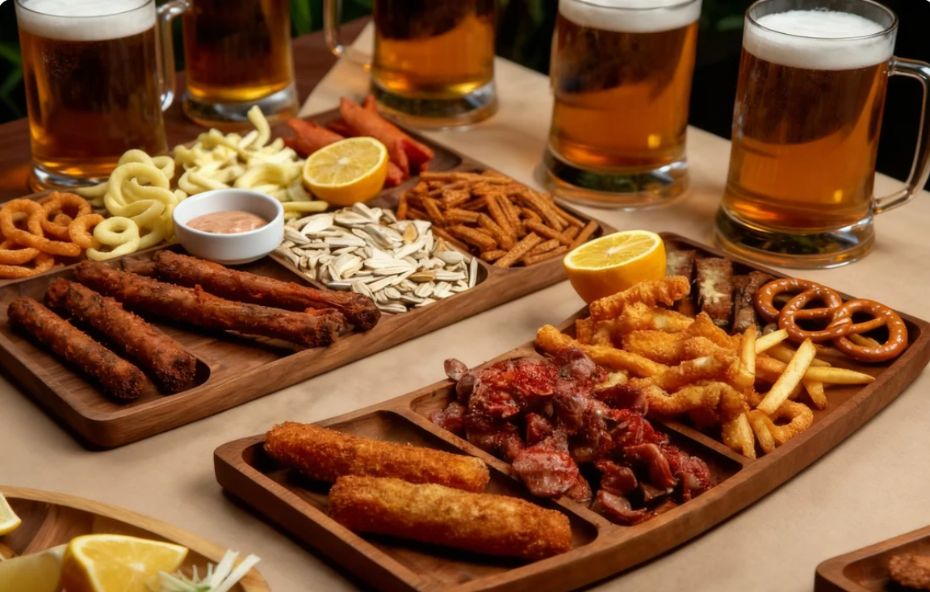 Tábuas de madeira com diversos petiscos fritos, sementes e molhos servidos ao lado de canecas de chopp com colarinho de espuma.
