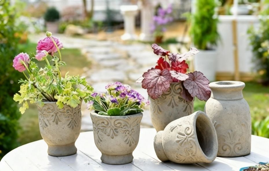 Fotografia de cinco vasos de cimento artesanais com relevos decorativos detalhados, posicionados sobre uma mesa branca em um jardim iluminado, contendo flores coloridas e folhagens.