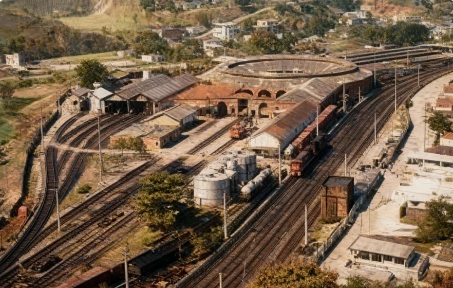 Fotografia aérea mostrando uma vasta malha de trilhos ferroviários convergindo para uma estrutura circular de manutenção e diversos galpões industriais sob a luz do sol.