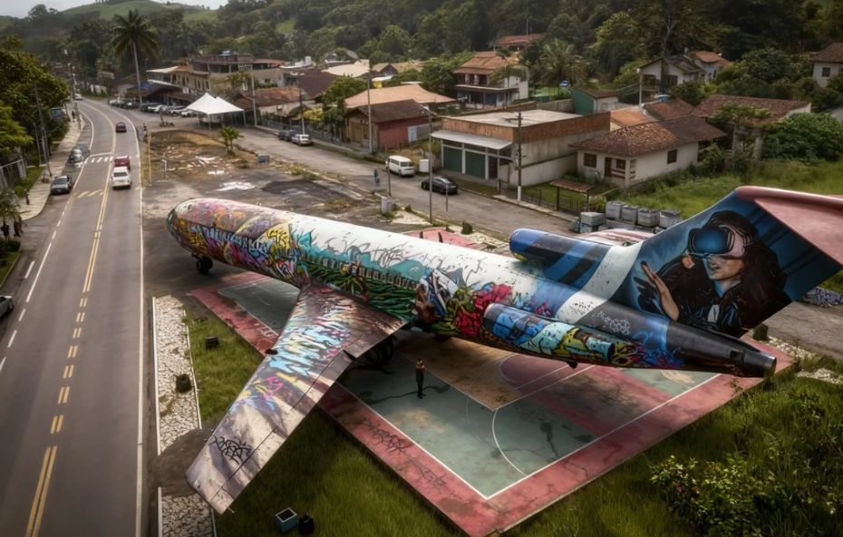 Fotografia aérea de um avião de grande porte decorado com grafites coloridos e artes conceituais, posicionado ao lado de uma estrada asfaltada e cercado por casas e vegetação, no distrito de Ipiabas em Barra do Piraí.