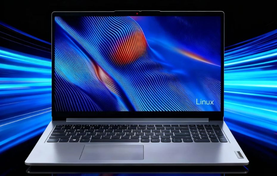 Visão frontal centralizada do Notebook Lenovo IdeaPad 1 na cor cinza com a tela ligada exibindo papel de parede azul e o texto Linux sobre um fundo azul escuro com linhas horizontais.