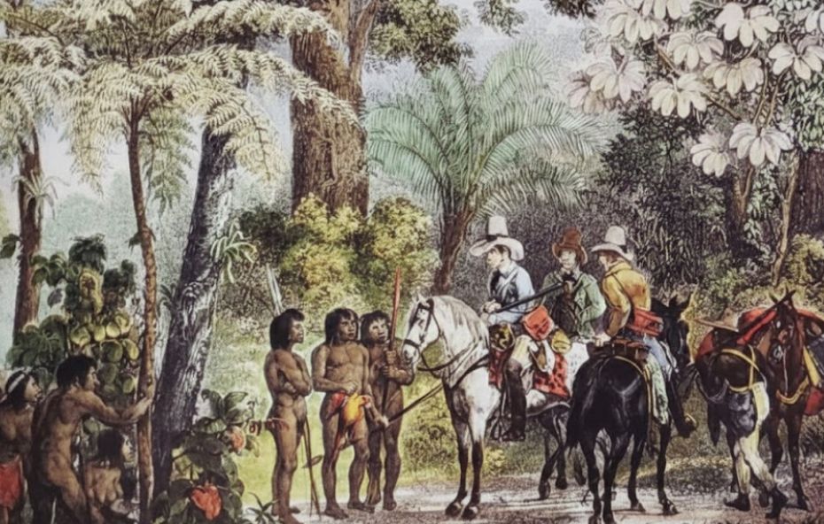 Gravura histórica colorida mostrando europeus montados em cavalos encontrando um grupo de indígenas em uma trilha na floresta com árvores altas e vegetação tropical ao fundo.