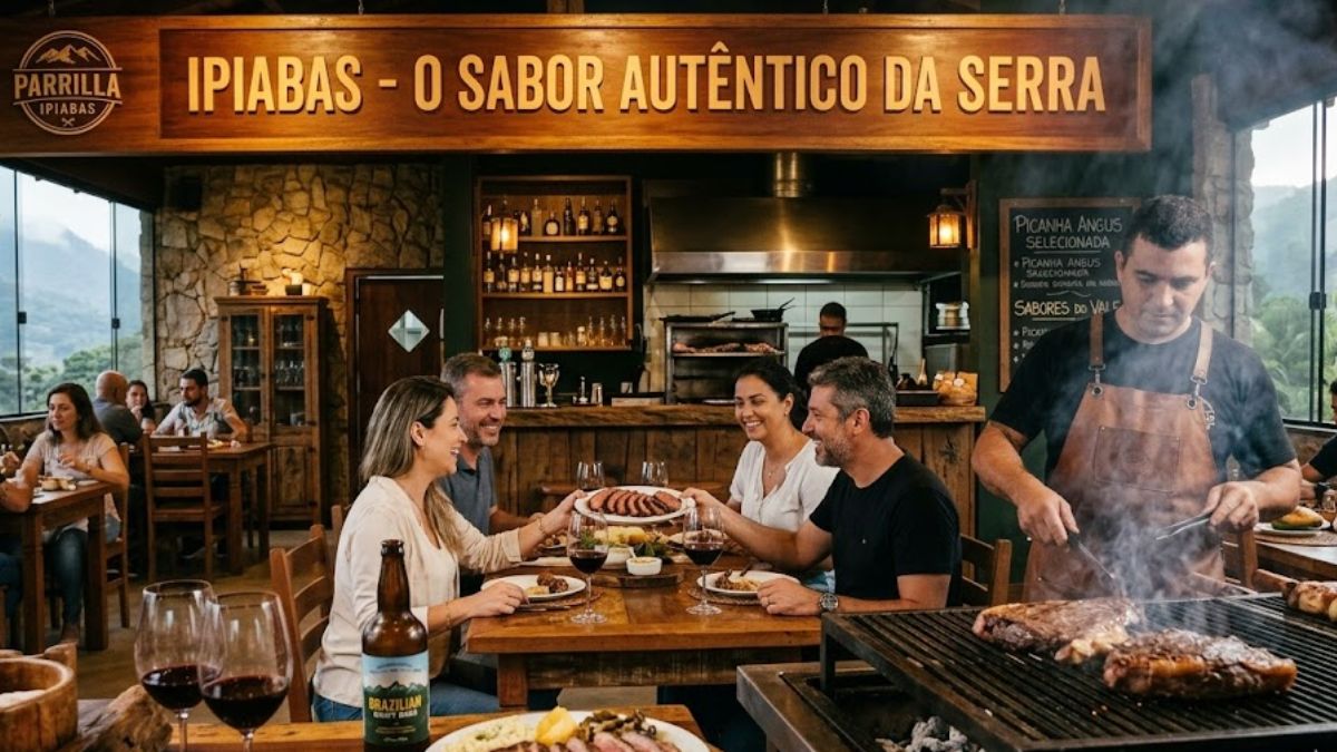 Uma fotografia ambientada em um restaurante rústico de montanha com janelas grandes onde clientes sorridentes compartilham uma refeição de churrasco enquanto um assador grelha carnes na parrilla ao fundo e uma placa de madeira diz Ipiabas O Sabor Autêntico da Serra.