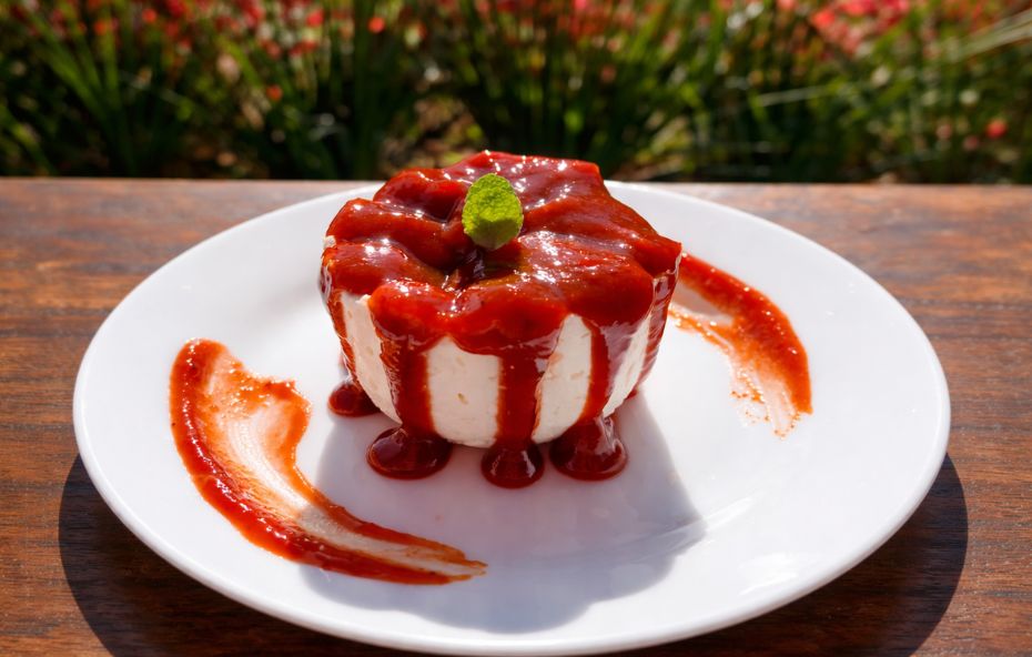 Uma pequena peça de queijo branco cilíndrico servida em um prato branco coberta por uma geleia de goiabada avermelhada e brilhante com uma folha de hortelã no topo.