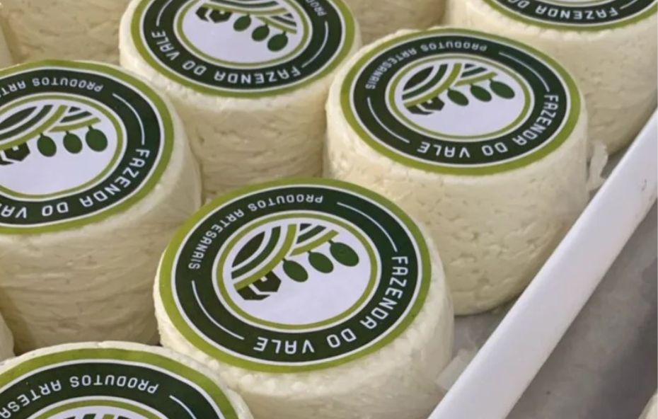 Várias unidades de queijo frescal branco com textura porosa e rótulos redondos verdes da marca Fazenda do Vale organizadas em uma bandeja clara.