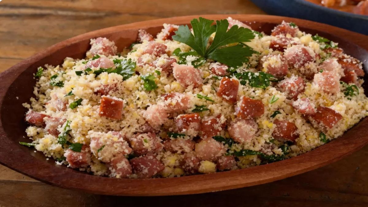 Uma travessa oval de madeira rústica preenchida com farofa de mandioca crocante misturada com generosos cubos de bacon e salsa fresca.