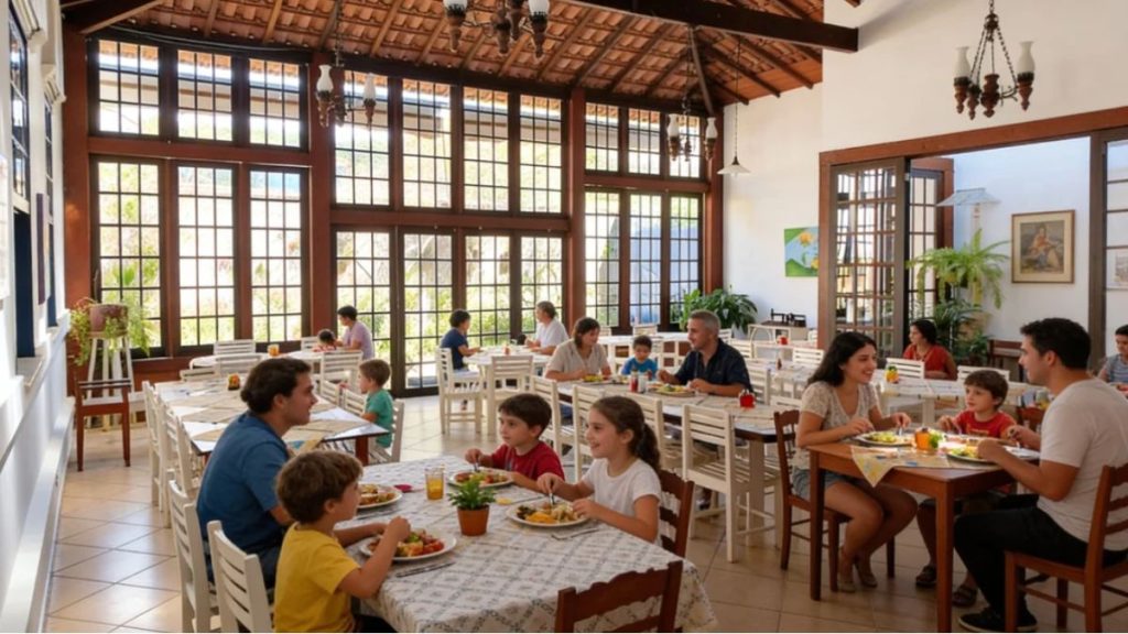 Fotografia colorida mostra a ampla e rústica sala de jantar do Restaurante Adolphina em Ipiabas. Diversas famílias brancas estão sentadas ao redor de mesas brancas e de madeira, saboreando refeições. O ambiente possui um teto alto de treliça de madeira, grandes janelas de vidro que dão para um pátio arborizado e luminárias vintage penduradas. A atmosfera é calorosa e acolhedora.