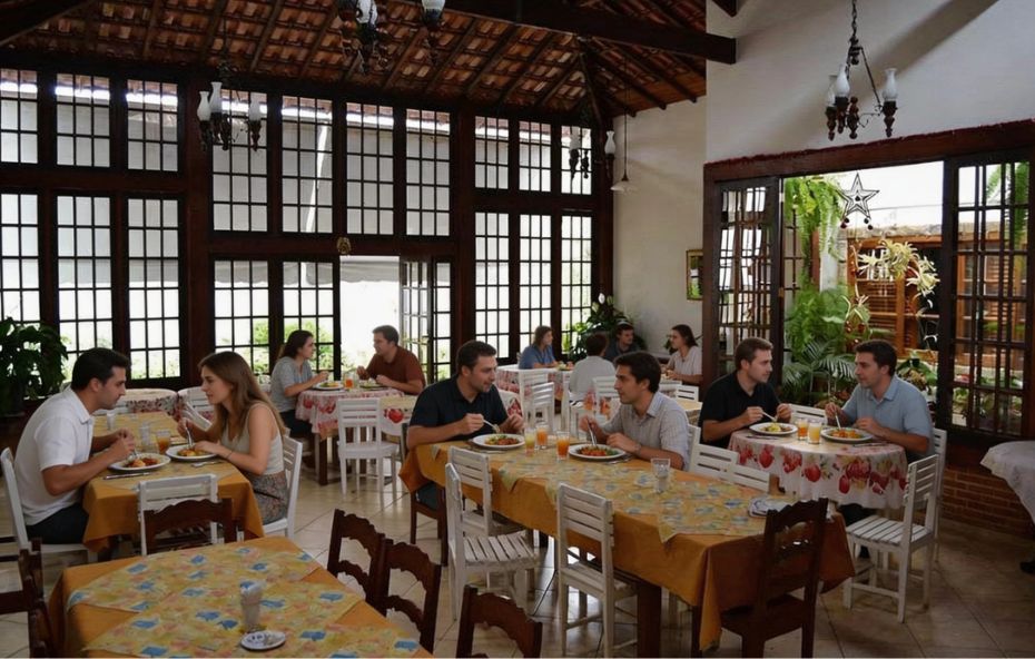 Fotografia do interior de um restaurante rústico com teto de madeira e grandes janelas coloniais. Diversas pessoas estão sentadas em mesas com toalhas coloridas e estampadas enquanto fazem suas refeições. O ambiente é iluminado e decorado com plantas ao fundo.