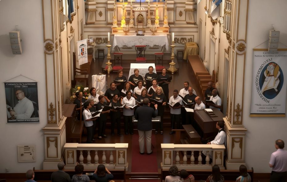 Fotografia do alto de um coral composto por homens e mulheres com camisas pretas e brancas cantando no altar de uma catedral ornamentada com detalhes em dourado e branco.