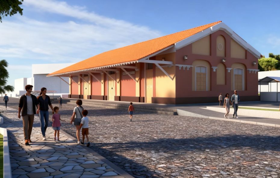 Ilustração de um edifício de estilo ferroviário com paredes em tons de rosa e ocre e telhado cerâmico laranja com pessoas caminhando em uma rua de pedras à frente.