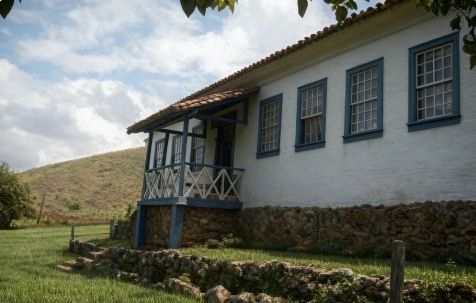 Fotografia da sede da Fazenda da Bocaina mostrando um casarão branco com janelas azuis e varanda de madeira sobre base de pedras em um cenário rural gramado