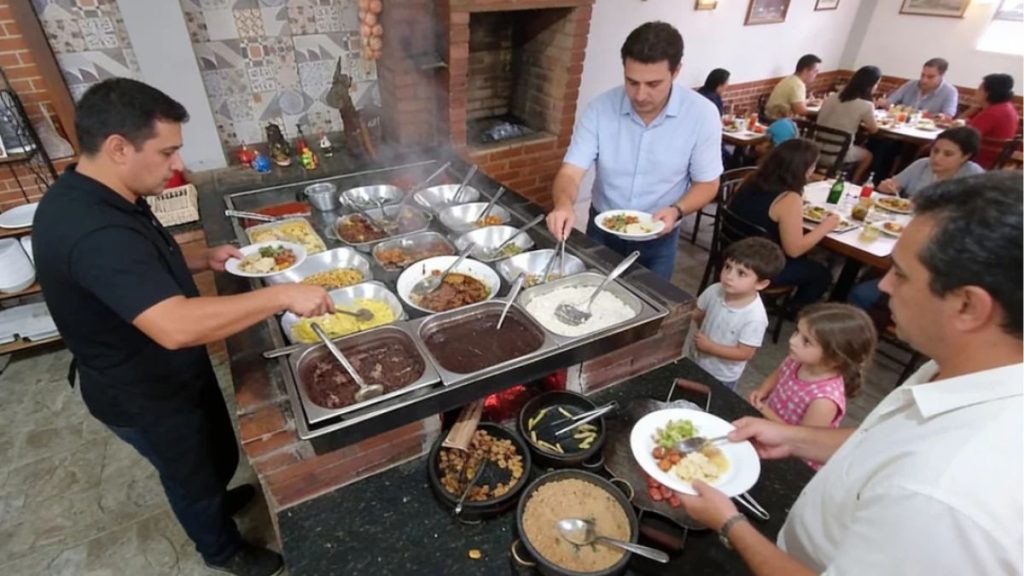 Fotografia em ângulo elevado do buffet do Restaurante Adolphina em Ipiabas. No centro, uma estrutura de tijolos aparentes sustenta diversas cubas de metal com pratos da culinária mineira, como feijão, arroz e guarnições. Três homens adultos, um de preto e dois de branco, servem seus pratos enquanto duas crianças pequenas, um menino e uma menina, observam a comida. Ao fundo, uma lareira de tijolos e outras pessoas sentadas em mesas de madeira completam o cenário rústico.