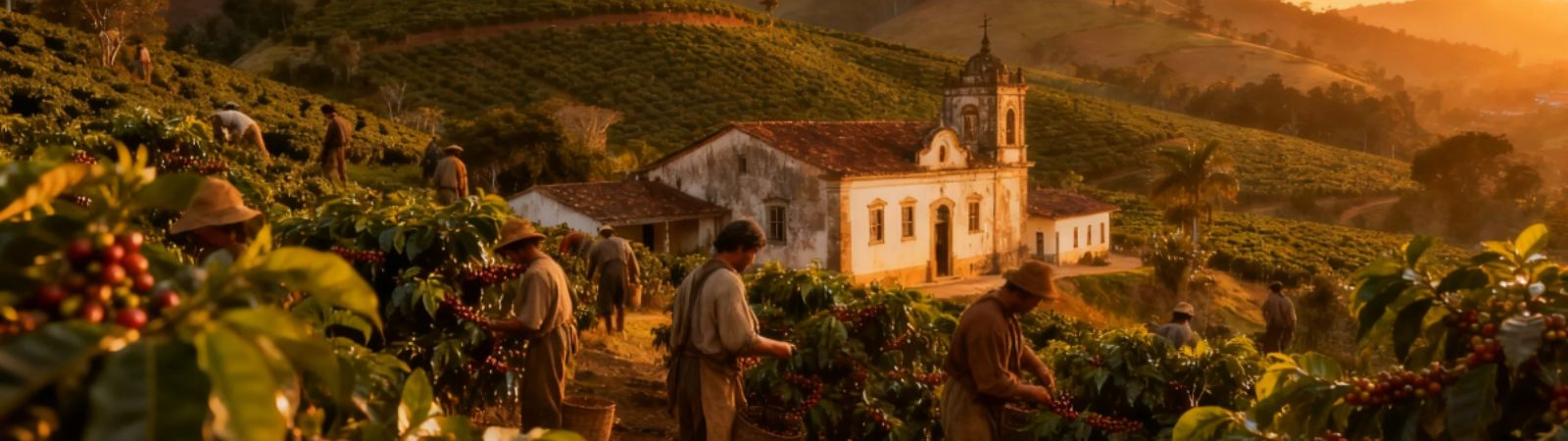 Pessoas realizam a colheita manual em um cafezal sob a luz do pôr do sol, com uma igreja colonial histórica e colinas ao fundo.