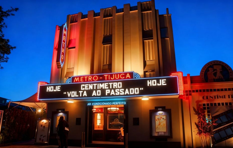 Fachada iluminada do Cine Centímetro com letreiros em neon vermelho e azul exibindo o nome Metro Tijuca em Conservatória durante a noite.