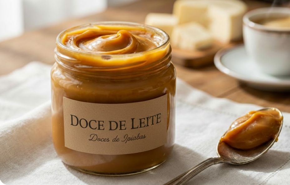 Pote de vidro com doce de leite pastoso e rótulo escrito Doce de Leite Doces de Ipiabas posicionado sobre mesa de madeira com colher e xícara de café ao fundo.