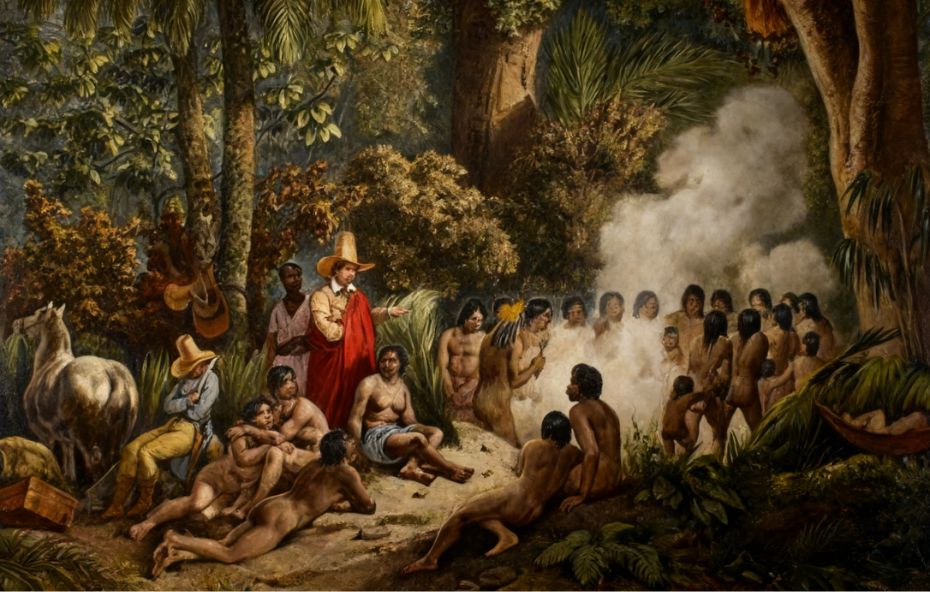 Pintura clássica retratando um homem europeu com trajes vermelhos e chapéu conversando com um grupo de indígenas em meio a uma floresta tropical densa.