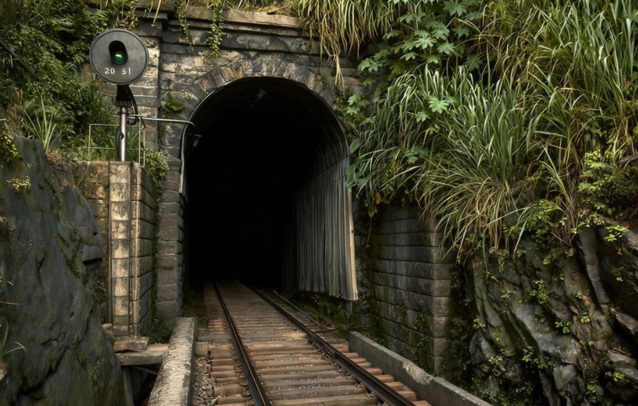 Fotografia da entrada em arco de pedra do Túnel 12 Bis com trilhos ferroviários em primeiro plano e vegetação densa de Mata Atlântica nas laterais sob luz natural.