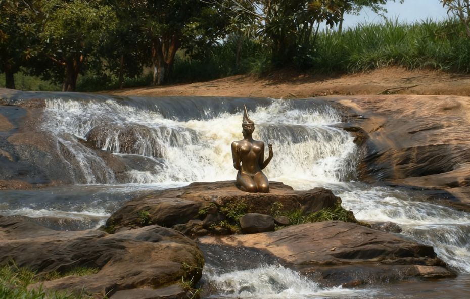 Escultura de bronze de uma figura feminina indígena ajoelhada sobre rochas no centro de uma queda d'água em Conservatória.