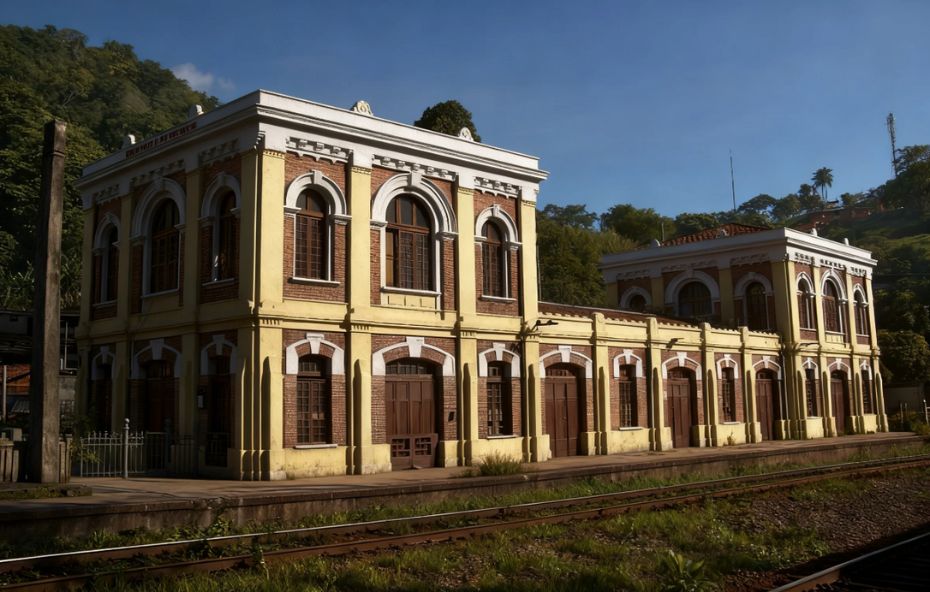 Fachada de uma estação de trem antiga com arquitetura em tijolos aparentes e detalhes amarelos ao lado de trilhos ferroviários em Engenheiro Paulo de Frontin.