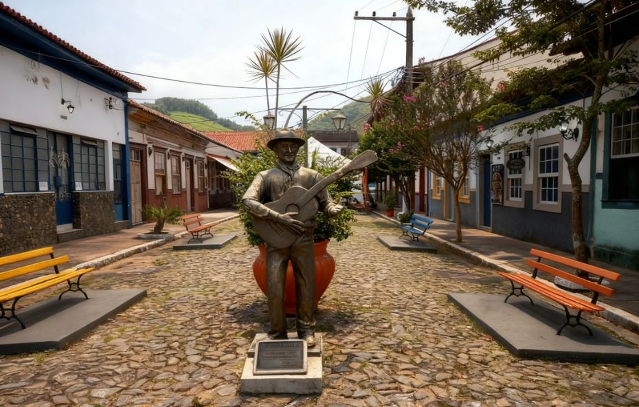 Fotografia em plano médio de uma estátua de bronze representando um seresteiro tocando violão no centro de uma rua de paralelepípedos. Ao redor da estátua existem bancos coloridos nas cores amarelo, laranja e azul. O cenário é composto por casarões coloniais preservados com fachadas brancas e detalhes coloridos sob um céu claro.