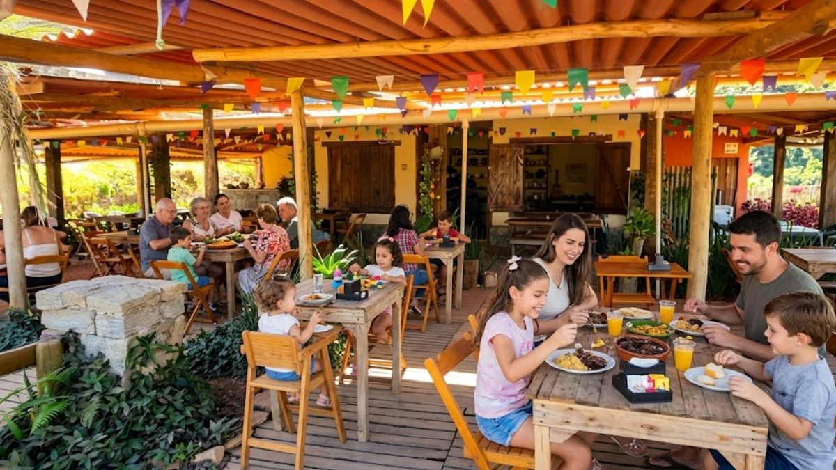 Uma fotografia colorida de um restaurante de fazenda ao ar livre, com deck de madeira e teto coberto com bandeirinhas coloridas. Famílias e crianças felizes almoçam em mesas rústicas de madeira. O ambiente é acolhedor e rodeado por vegetação e uma plantação ao fundo.