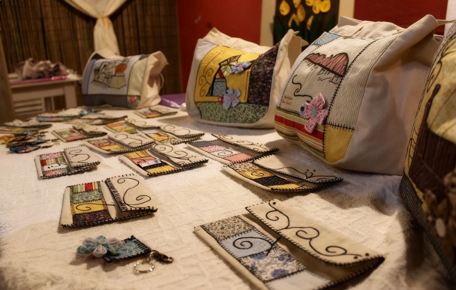 Fotografia de uma mesa coberta com toalha branca exibindo diversas bolsas e carteiras de tecido artesanais com bordados coloridos e desenhos de paisagens rurais.