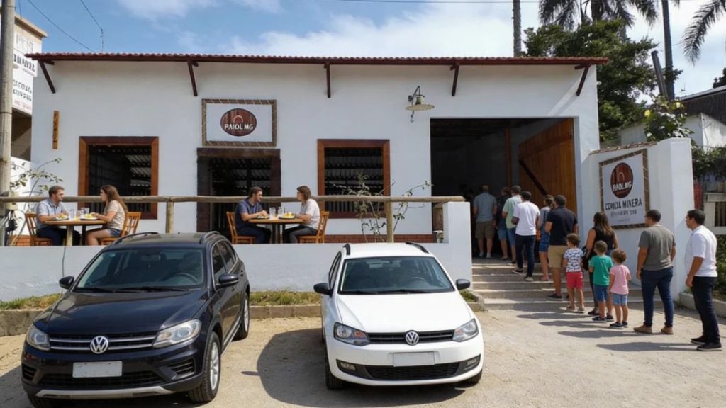 Fotografia diurna da fachada branca do restaurante Paiol MG em Ipiabas. O edifício de estilo rústico possui janelas com molduras de madeira e um telhado de telhas de barro. Na varanda externa, dois casais estão sentados em mesas de madeira almoçando. À direita, uma fila de clientes, incluindo adultos e crianças, aguarda na escada de entrada. Dois carros, um preto e um branco, estão estacionados em frente ao estabelecimento. O céu está claro e o ambiente é ensolarado.