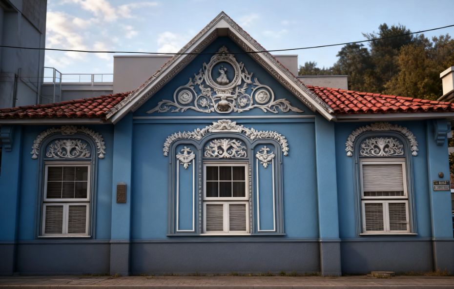 Fotografia frontal de uma casa histórica azul com detalhes arquitetônicos brancos ornamentados em Barra do Piraí destacando o estilo imperial e janelas de madeira sob um céu claro.