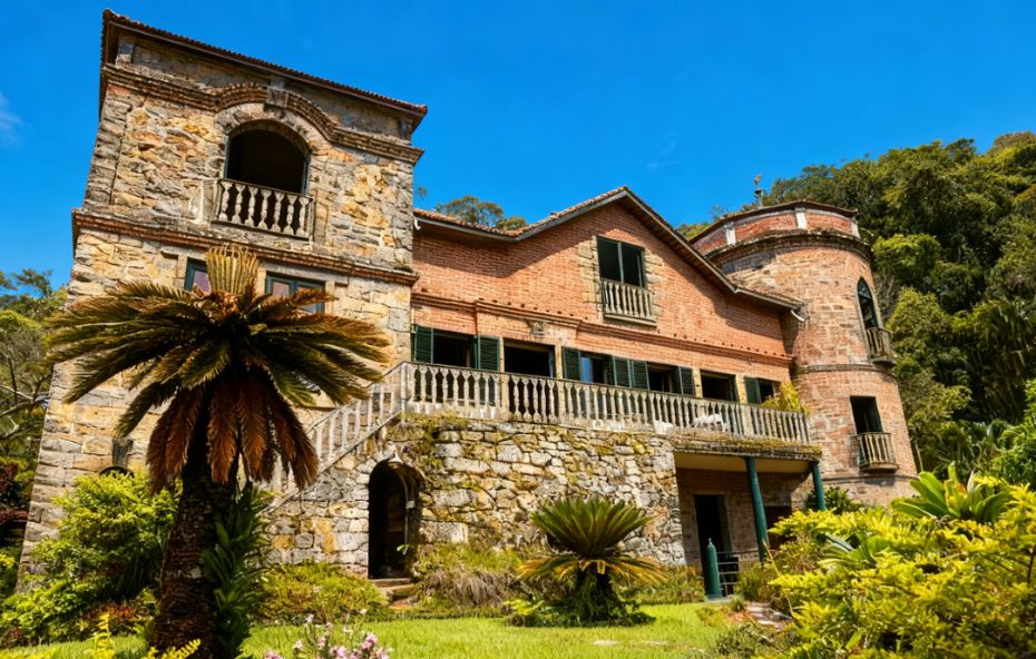 Vista frontal do Castelo dos Riachos em Engº Paulo de Frontin destacando as torres de pedra e arquitetura neoclássica em meio à vegetação da Mata Atlântica sob céu azul límpido.