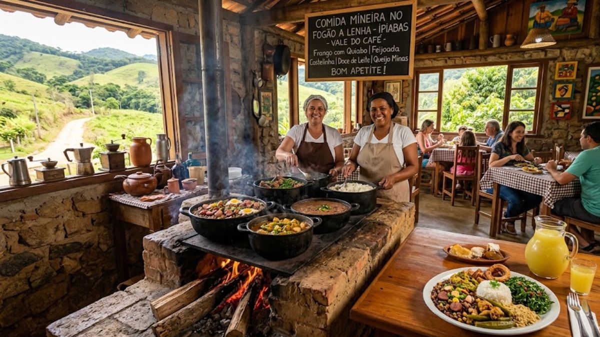 Fotografia ultra realista do interior de um restaurante rústico em Ipiabas. No primeiro plano, cozinheiras preparam pratos típicos como frango com quiabo e feijão tropeiro sobre um tradicional fogão a lenha de tijolos. Panelas de ferro bubble com comida quente. Um prato farto está sobre a mesa de madeira. Clientes almoçam ao fundo, com janelas abertas revelando as colinas verdes do Vale do Café no Rio de Janeiro. A luz natural invade o ambiente acolhedor.